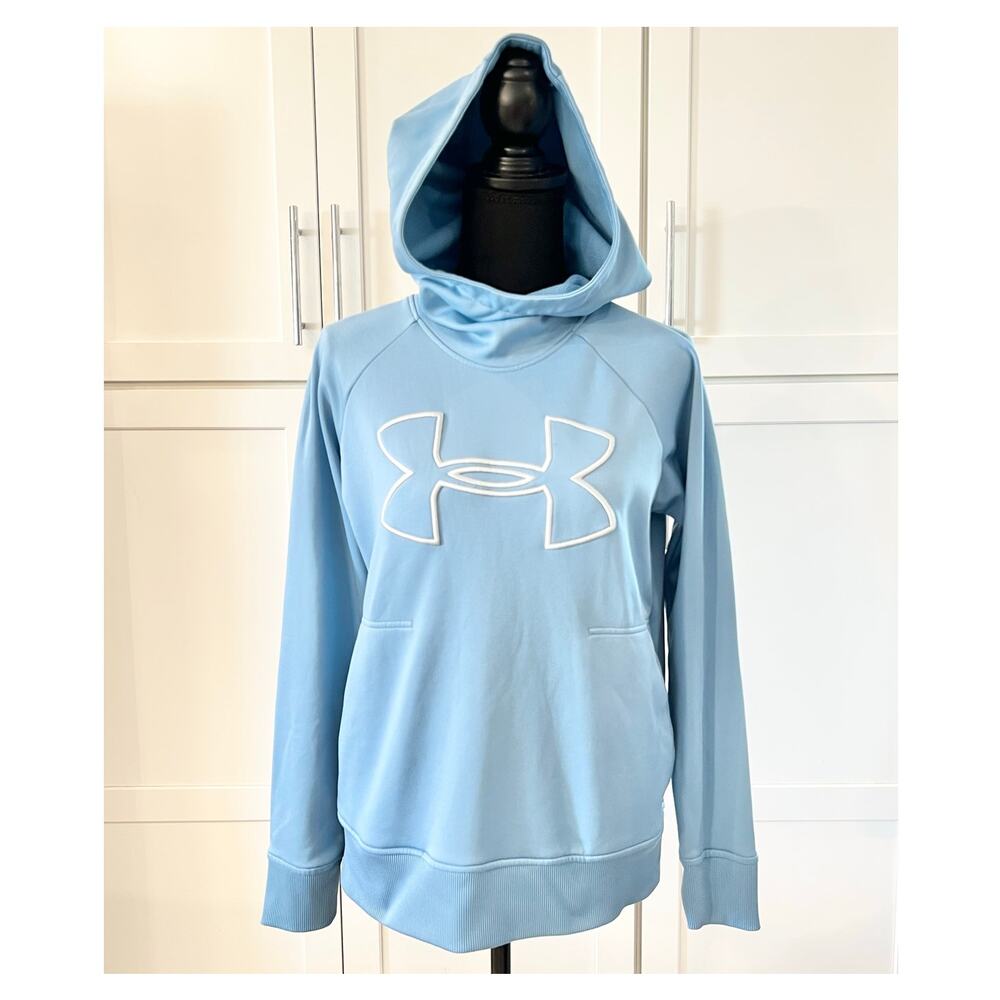 Under Armour Hoodie Loose ColdGear Women's Sz S Fleece Lined Light Blue Big Logo - Picture 2 of 11
